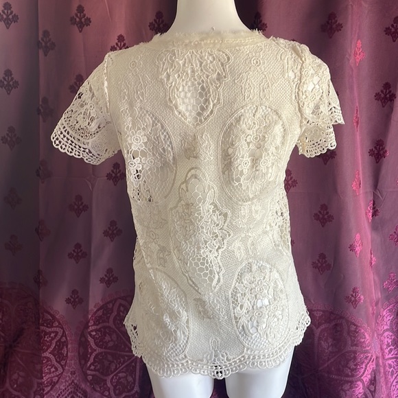 Cream Crochet Boho Short Sleeve Festival Top Size Medium Cottagecore Farmcore - Picture 5 of 6